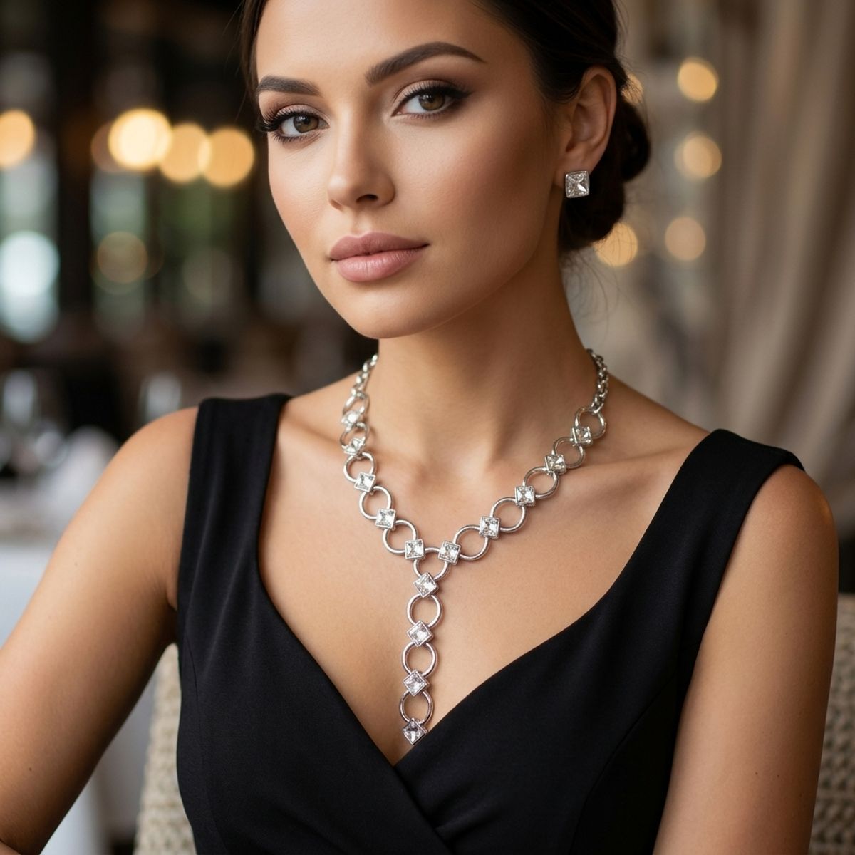 Y Silver Round Link Clear Glass Pyramid Necklace