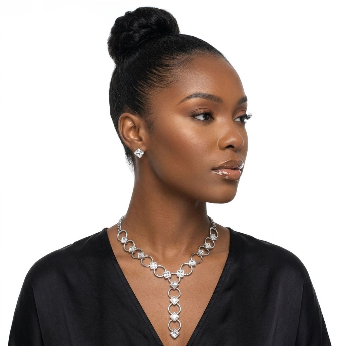 Y Silver Round Link Clear Glass Pyramid Necklace