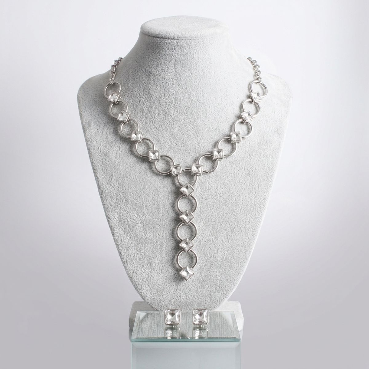 Y Silver Round Link Clear Glass Pyramid Necklace