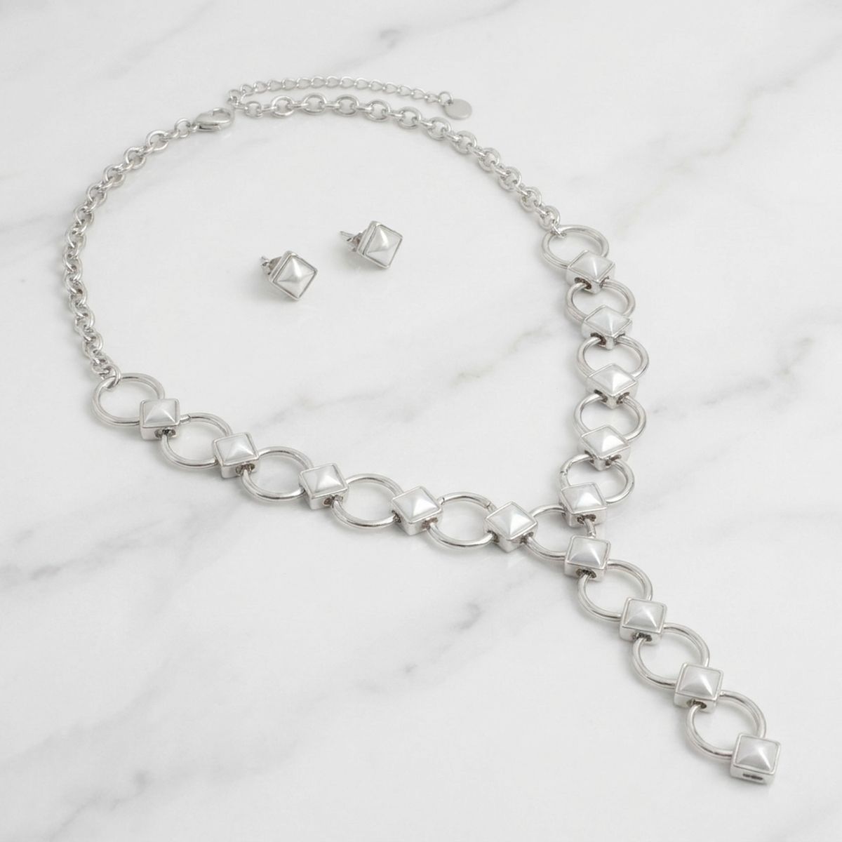 Y Silver Round Link White Pearl Pyramid Necklace