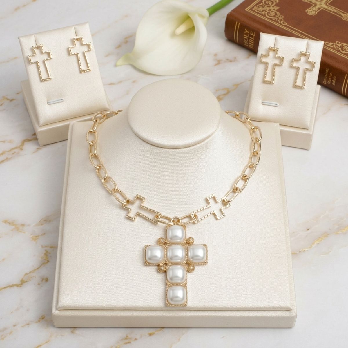Cream Pearl Cross Pendant Gold Chain Necklace