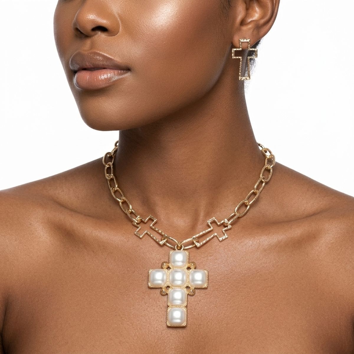 Cream Pearl Cross Pendant Gold Chain Necklace
