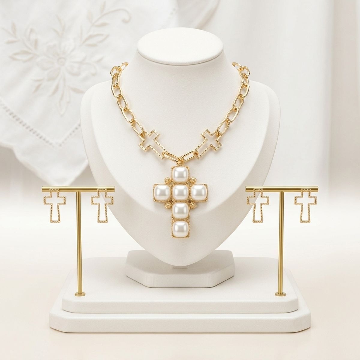 Cream Pearl Cross Pendant Gold Chain Necklace