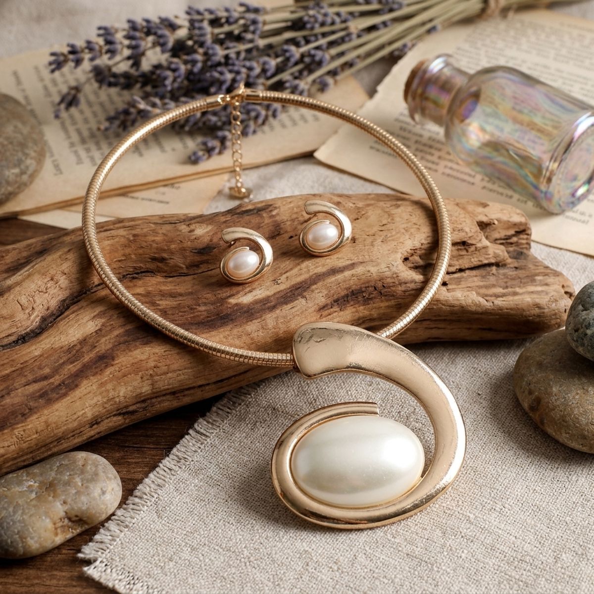 Gold Sculpted Pearl Swirl Pendant Collar Necklace