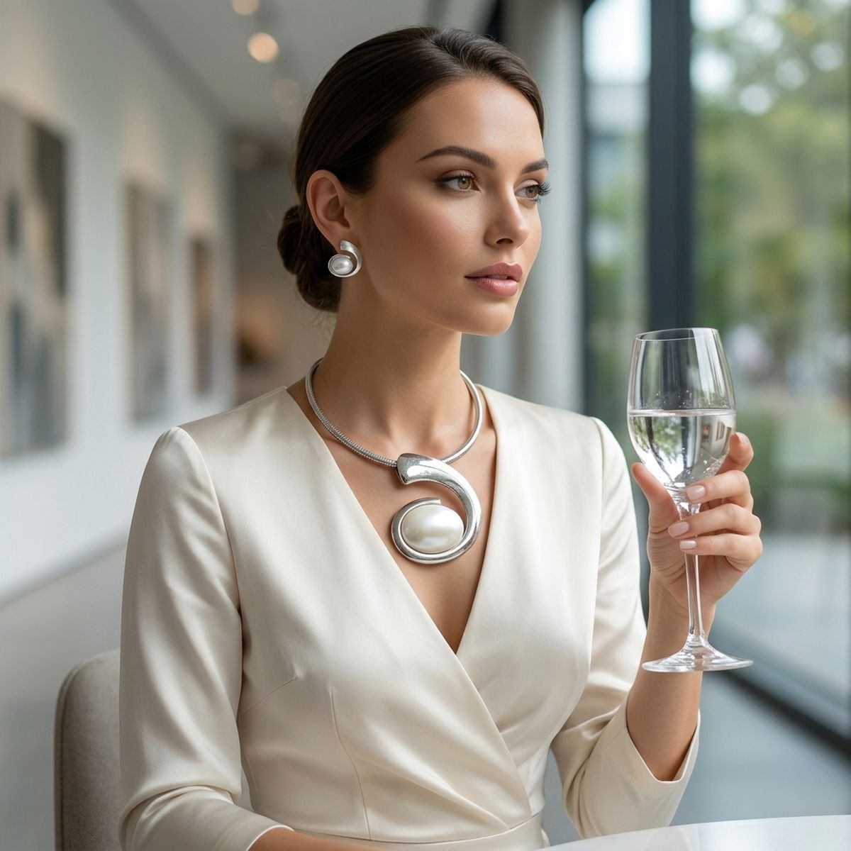 Silver Sculpted Pearl Swirl Pendant Collar Necklace