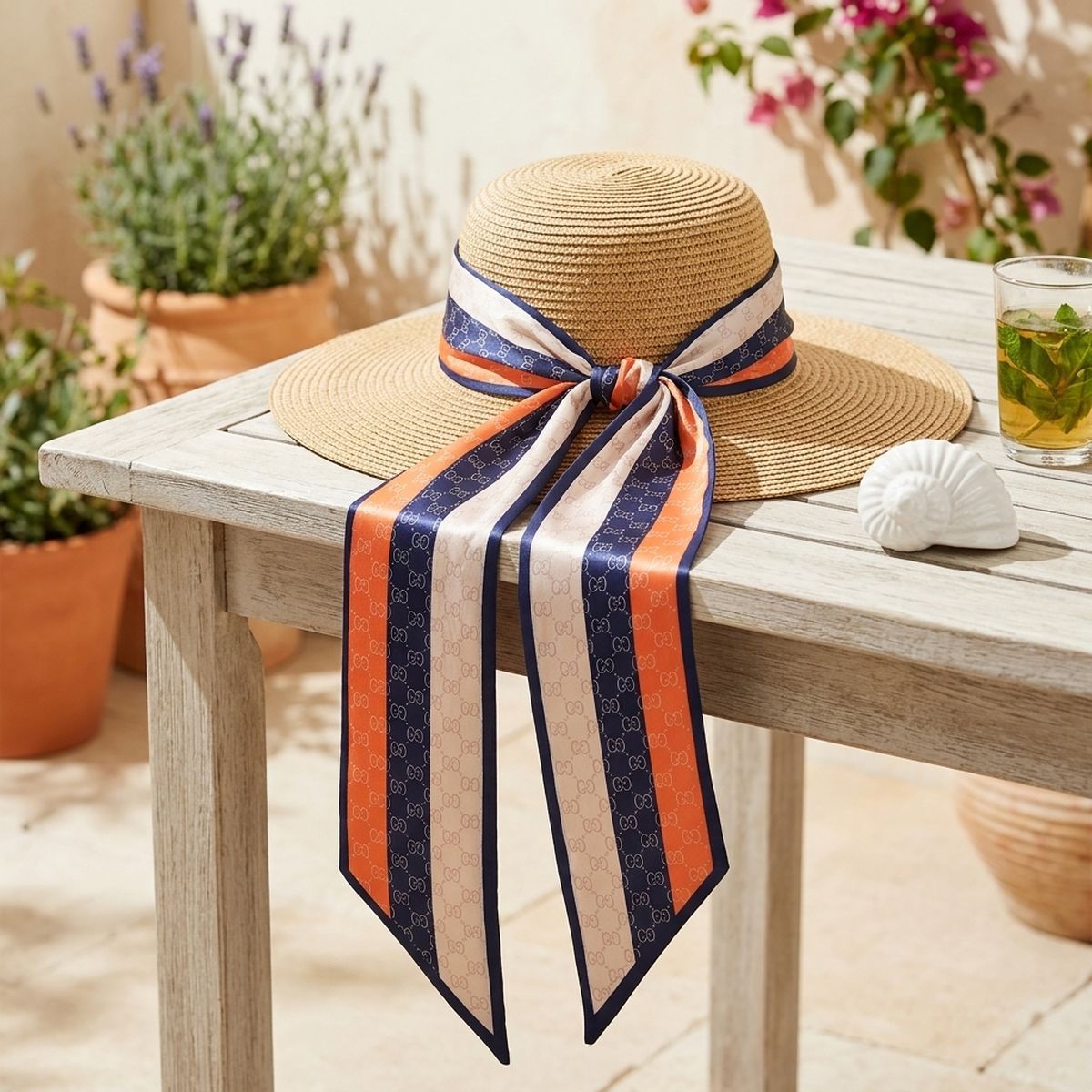 Navy and Orange Monogram Silky Skinny Scarf
