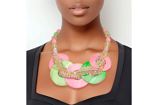 Pink and Green Beaded Disc Necklace Set|18 inches - Premium Wholesale Jewelry from Pinktown - Just $12! Shop now at chiquestyles