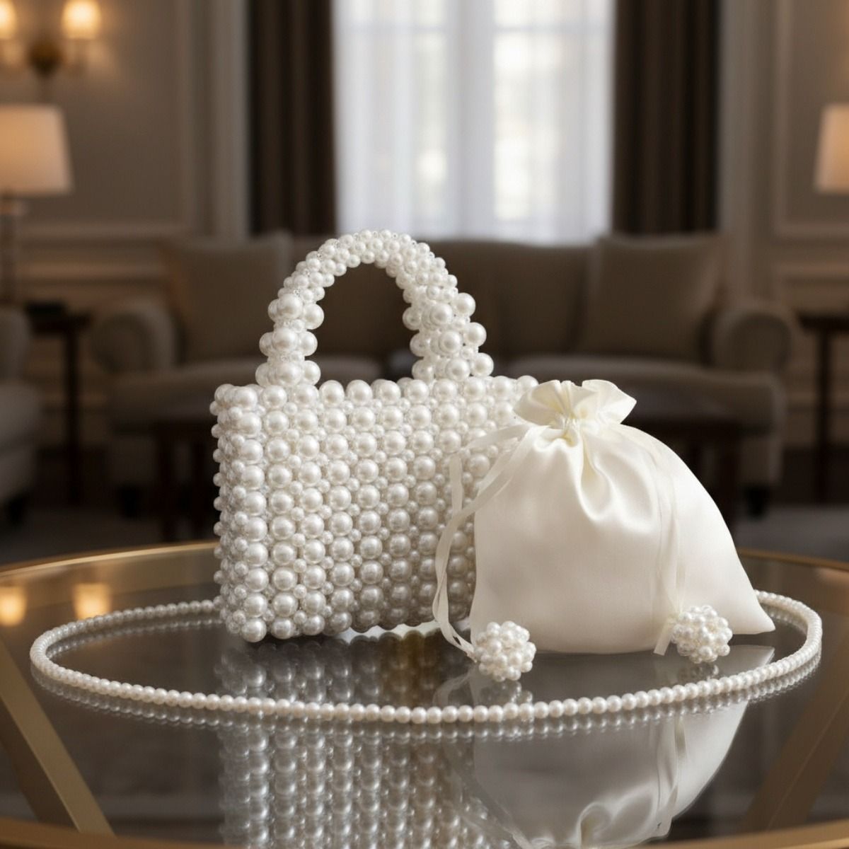 Top Handle Square White Pearl Woven Handmade Bag