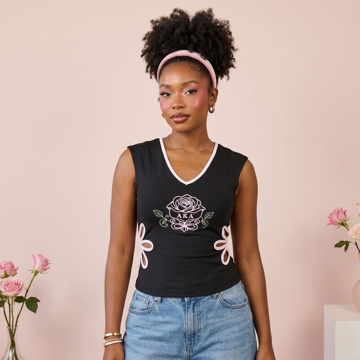 AKA Medium Black Flower Cut Out Sleeveless Top