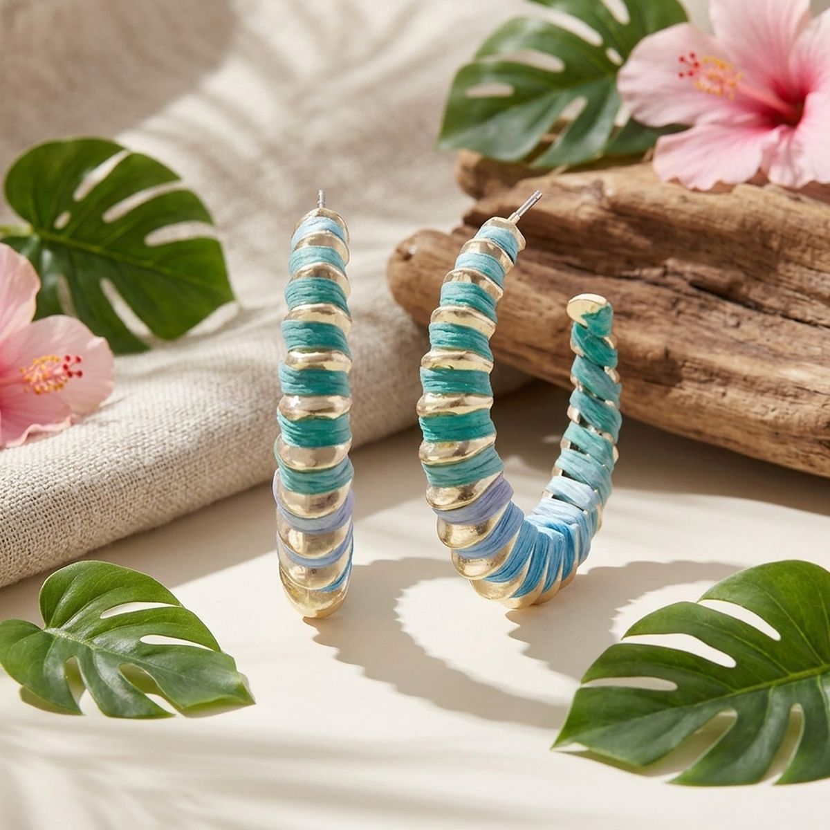 Mixed Blue Raffia Wrapped Hoops