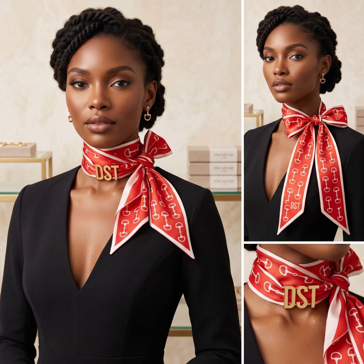 DST Gold Letter Red White Horsebit Scarf Necklace