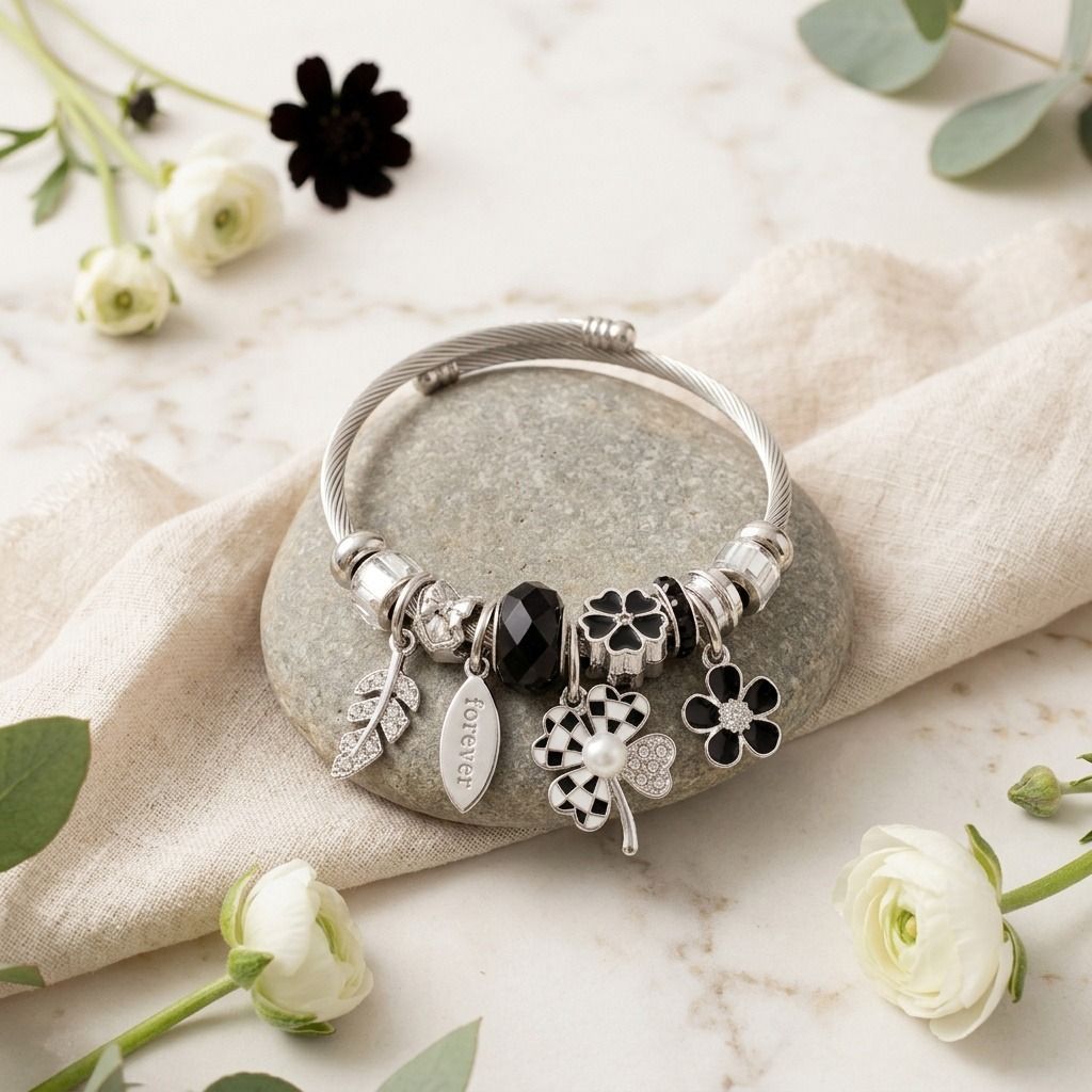 Silver Black Clover Cable Bangle