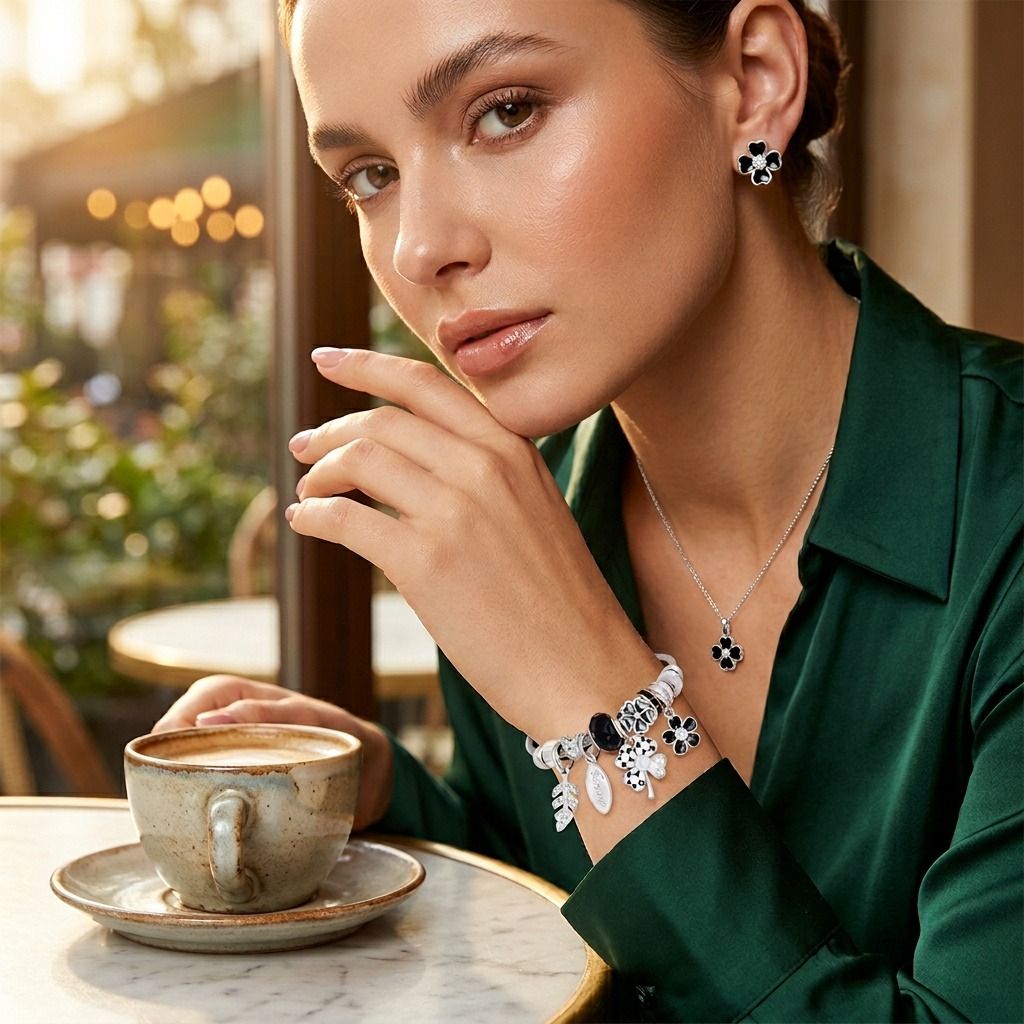 Silver Black Clover Cable Bangle