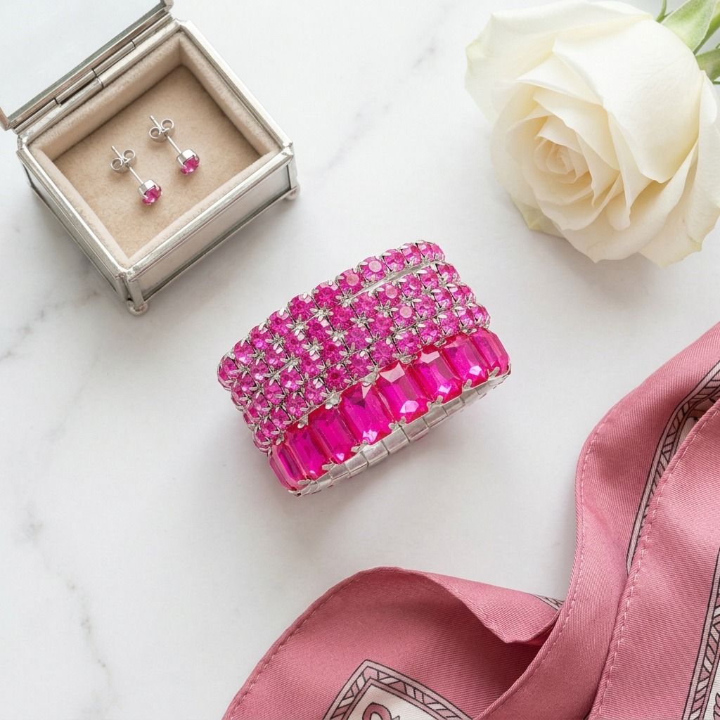 Tennis Bracelets Fuchsia Crystal Silver Set Women