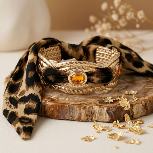 Brown Leopard Print Mini Scarf Gold Bangle Bracelet