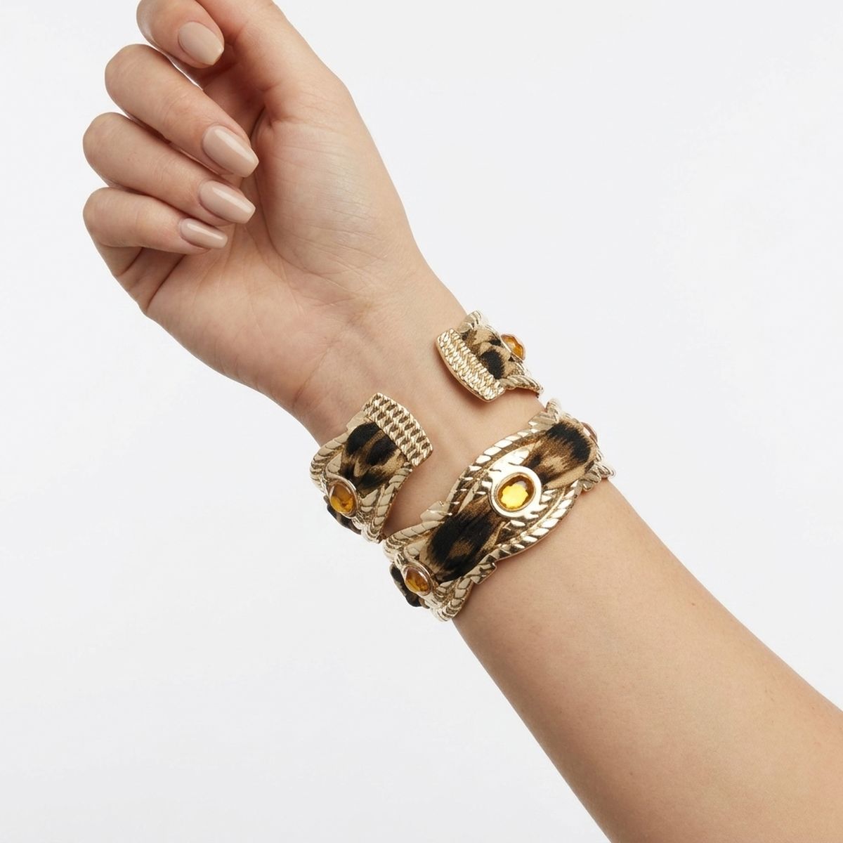 Brown Leopard Print Mini Scarf Gold Bangle Bracelet