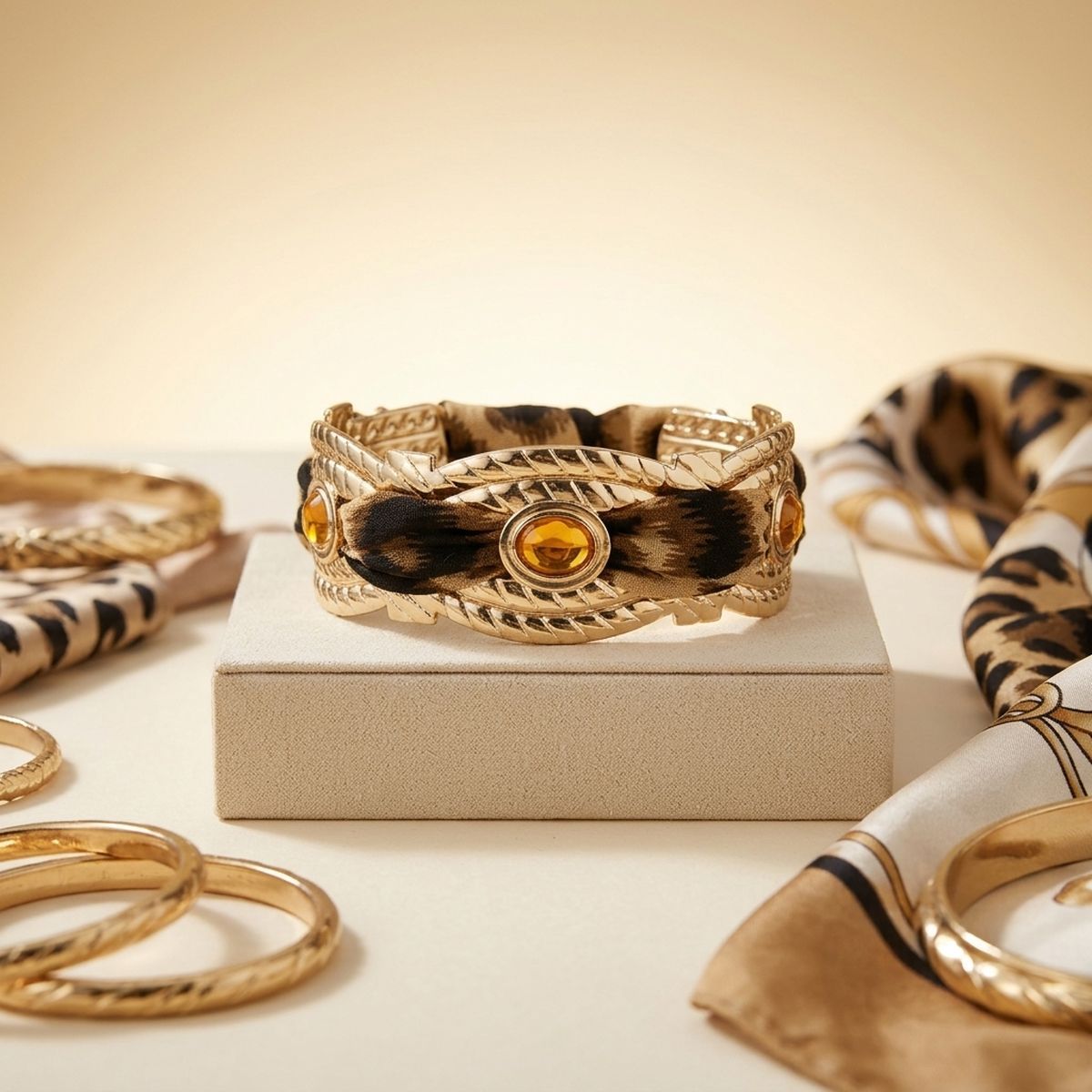 Brown Leopard Print Mini Scarf Gold Bangle Bracelet