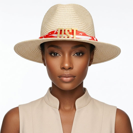 DST Gold Letter Red Scarf Banded Ivory Fedora Hat