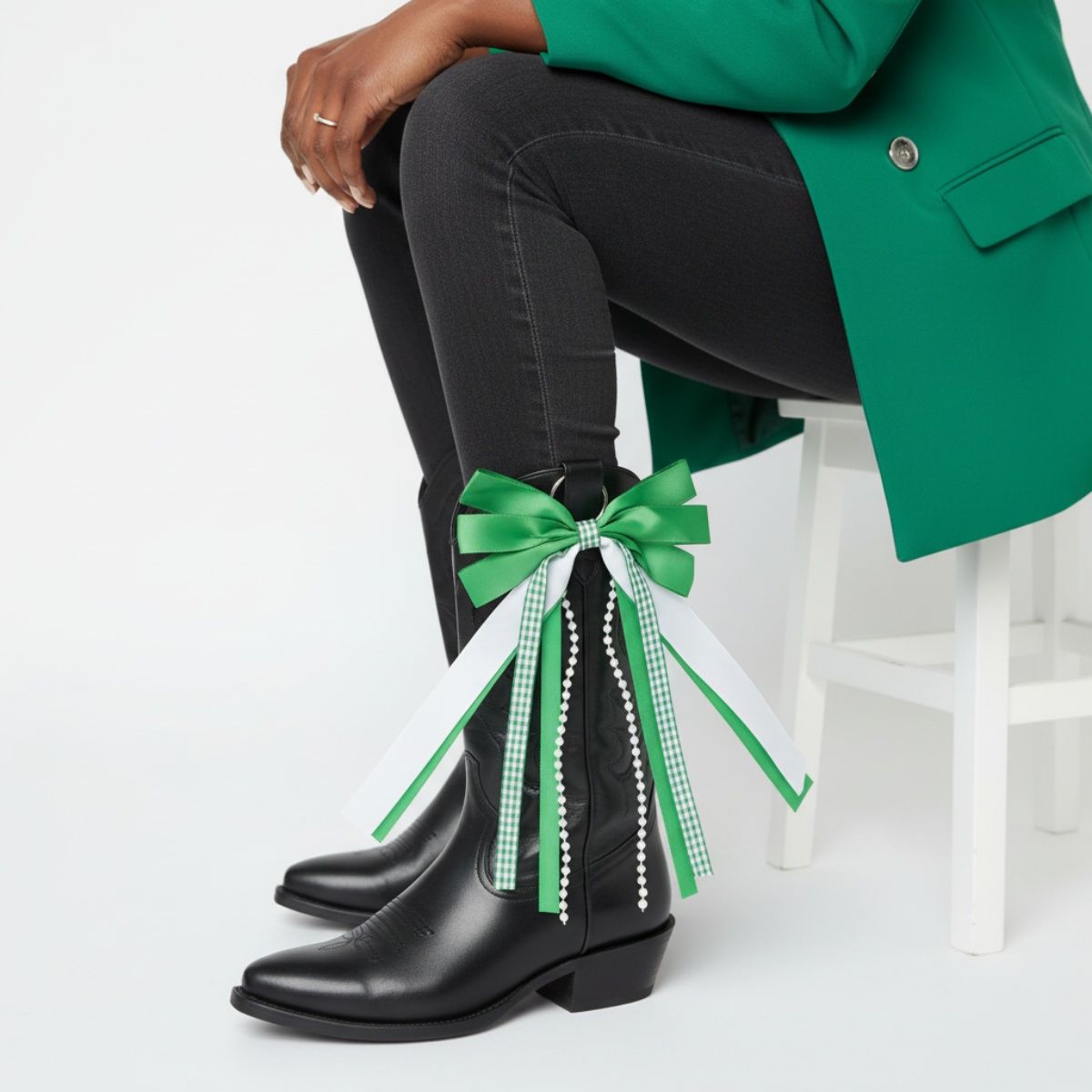 AKA Boots on the Ground Green White Boot Bow