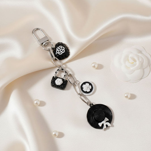 Keychain Black and White Camellia Charms Bag Clip