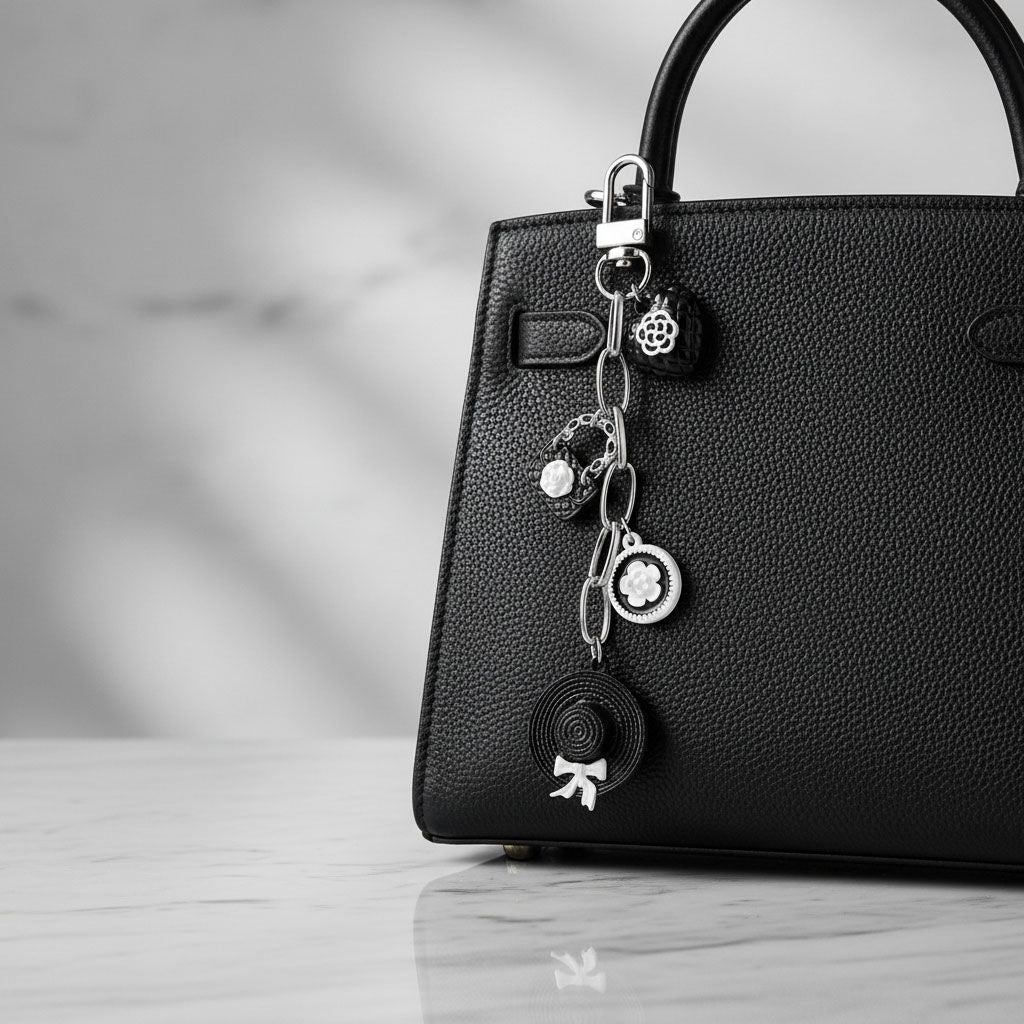 Keychain Black and White Camellia Charms Bag Clip