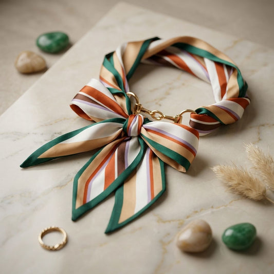 Horsebit Deep Green Striped Silky Scarf Necklace