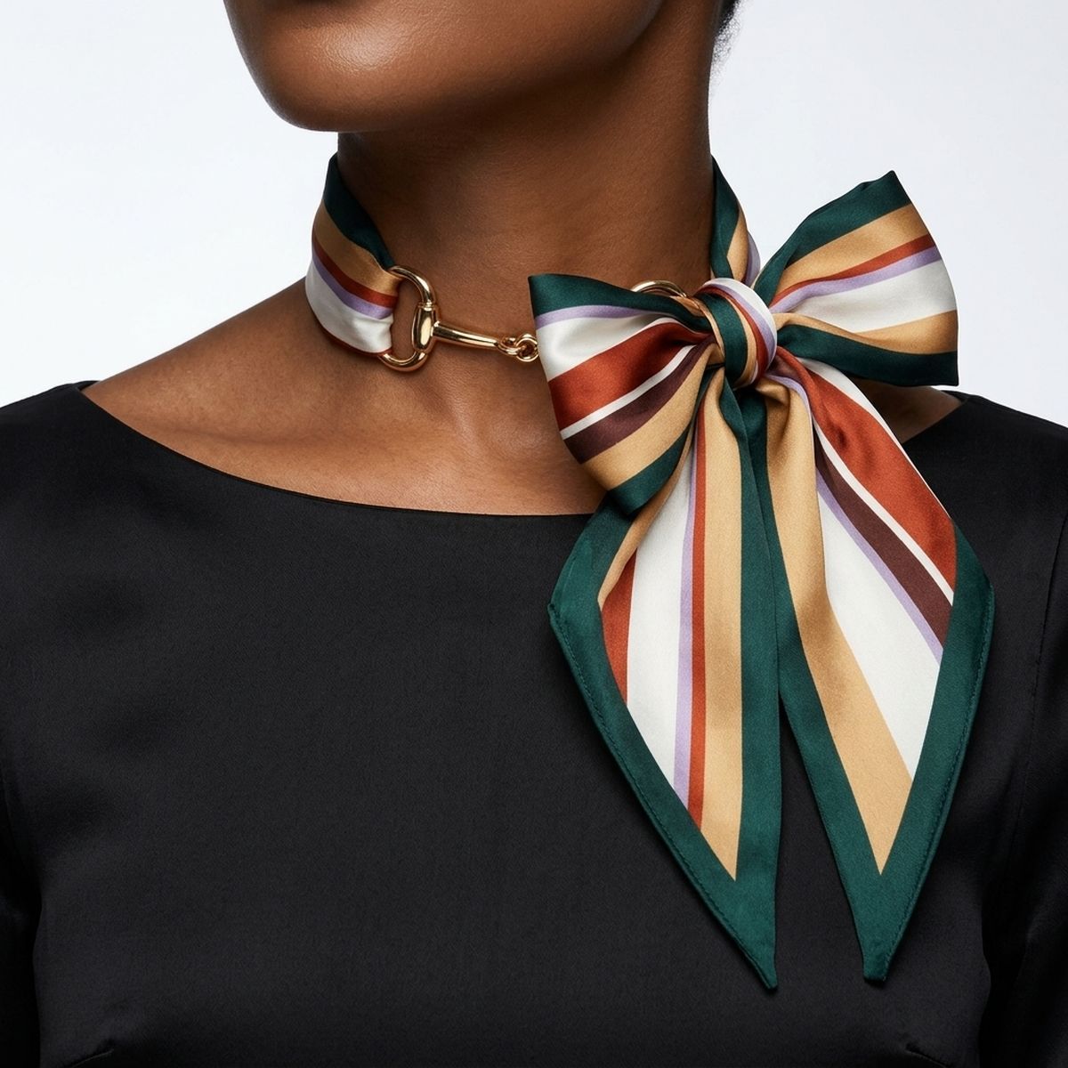 Horsebit Deep Green Striped Silky Scarf Necklace