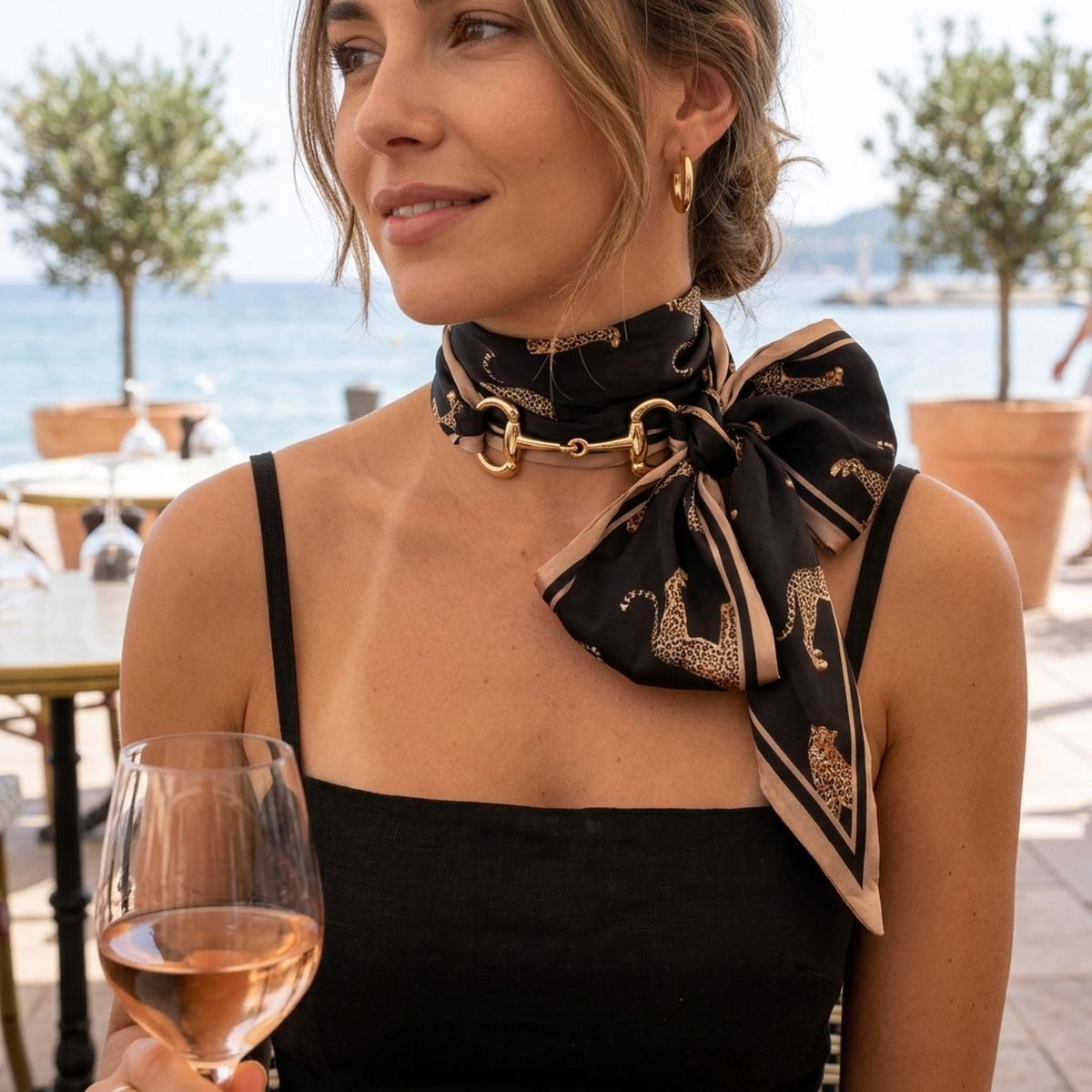 Horsebit Black Cheetah Silky Scarf Necklace