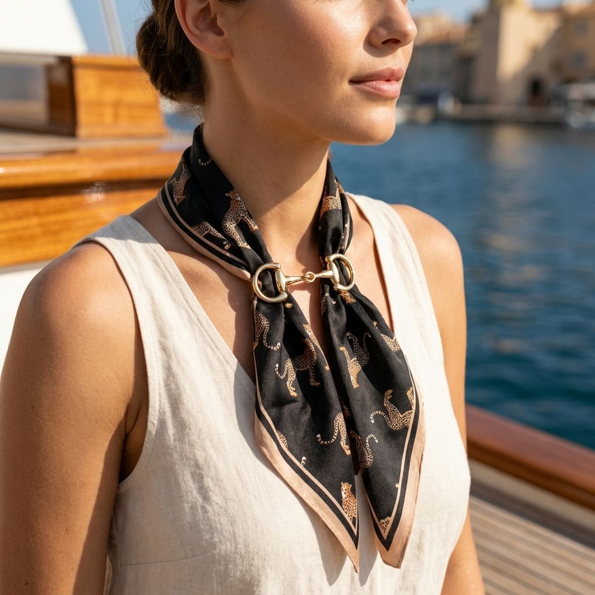 Horsebit Black Cheetah Silky Scarf Necklace