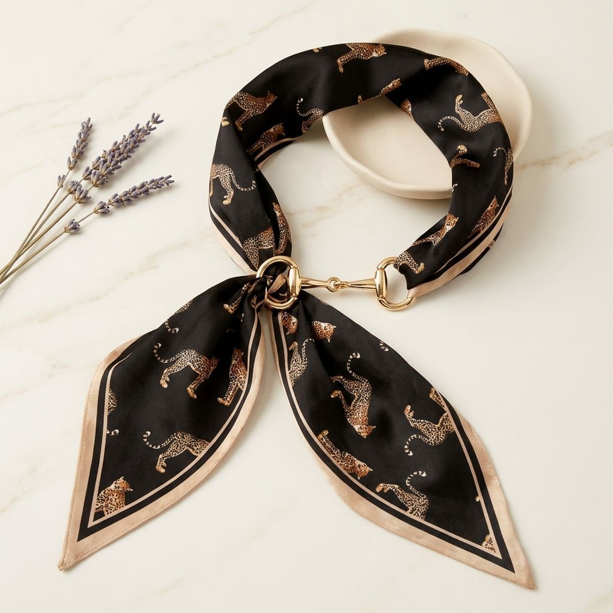 Horsebit Black Cheetah Silky Scarf Necklace