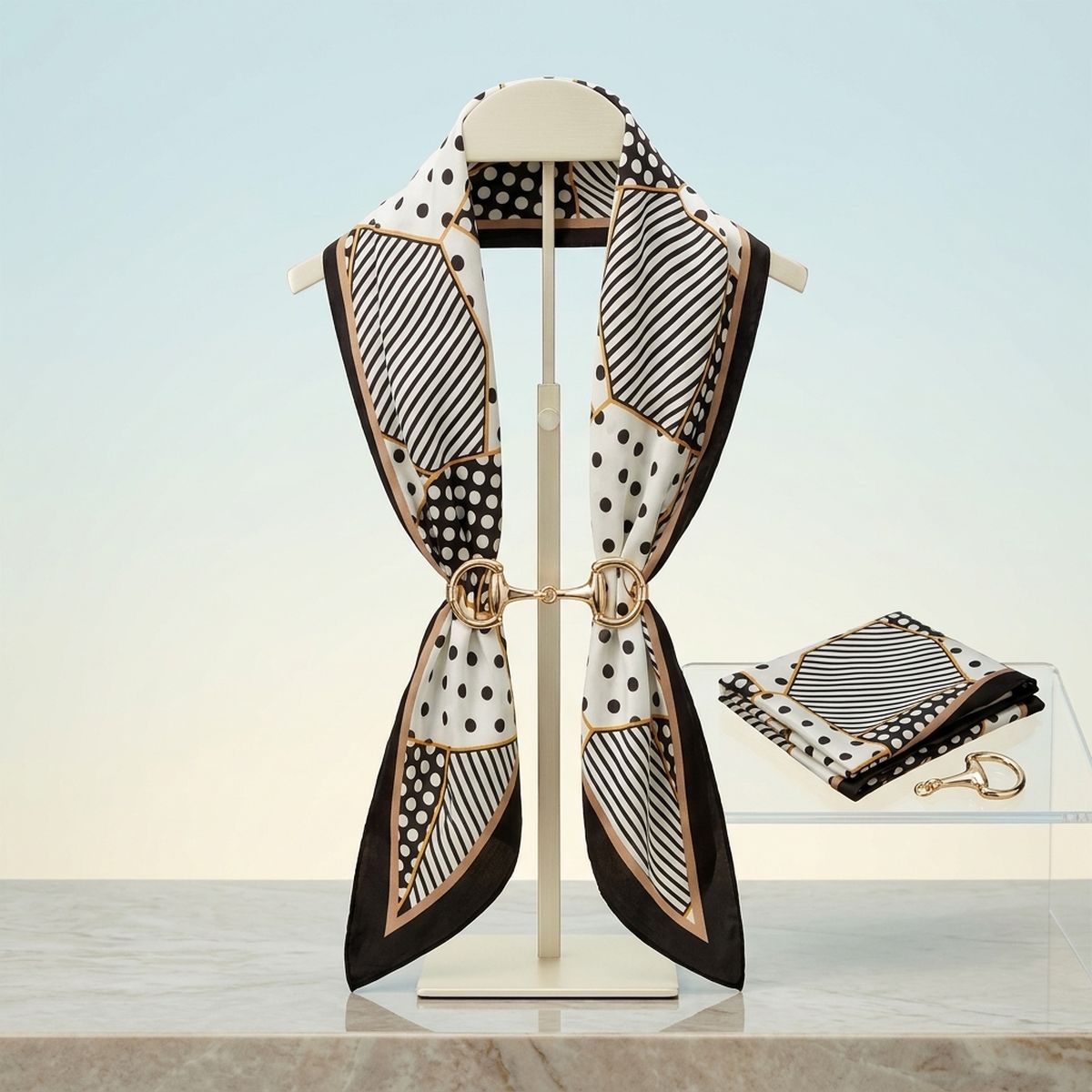 Horsebit Black Geometric Silky Scarf Necklace