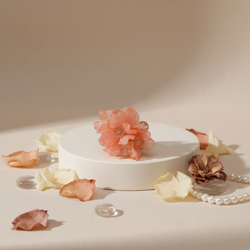 Cocktail Coral Sculpted Petal and Bead Flower Ring