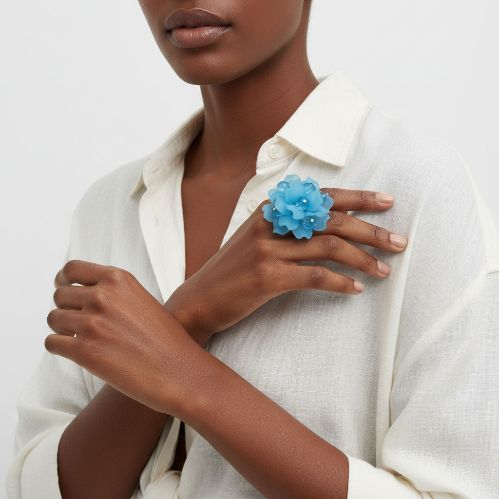 Cocktail Turquoise Sculpted Petal Bead Flower Ring