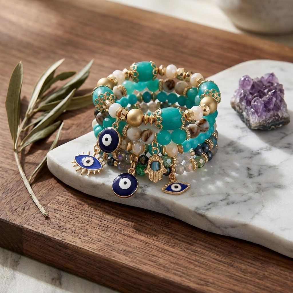 Turquoise Glass Bead Evil Eye Bracelets