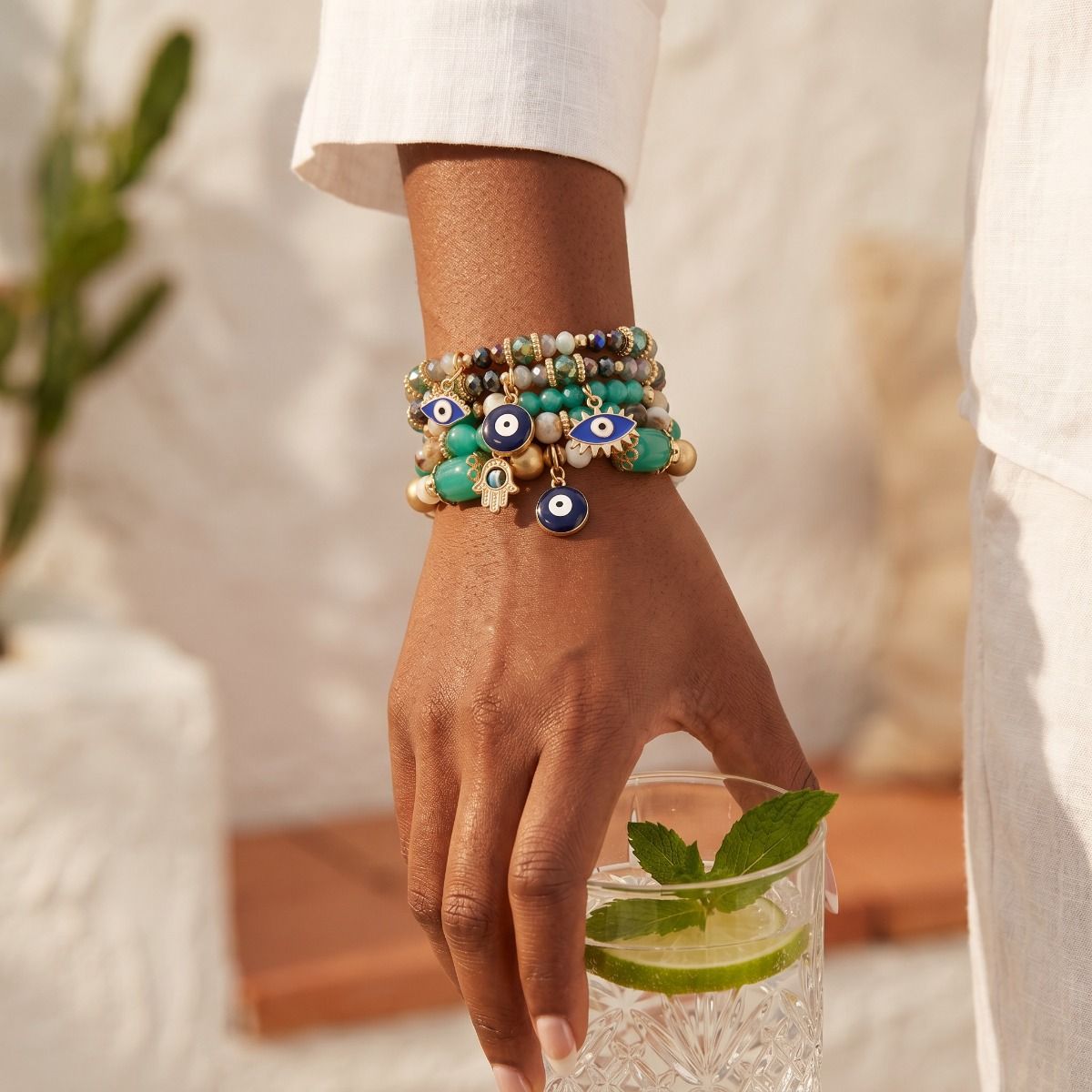 Turquoise Glass Bead Evil Eye Bracelets