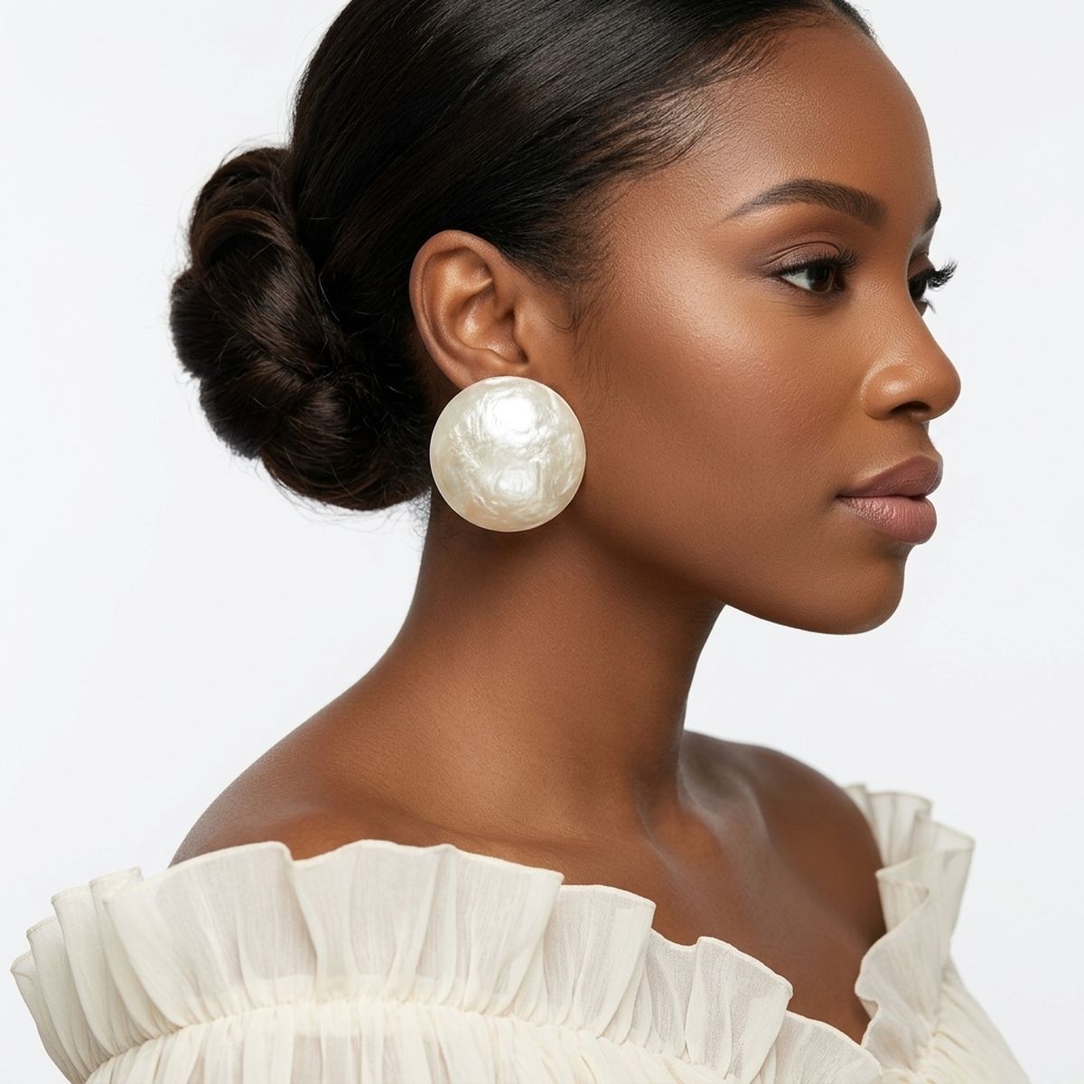 Ivory Pearlescent Domed Round Stud Earrings