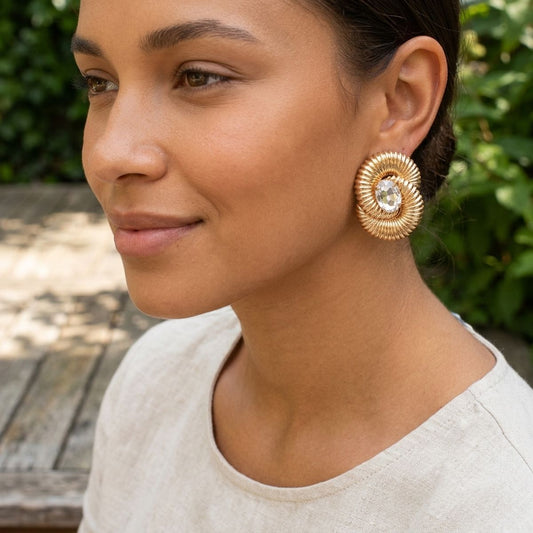 Gold Ribbed Swirl Crystal Stud Earrings