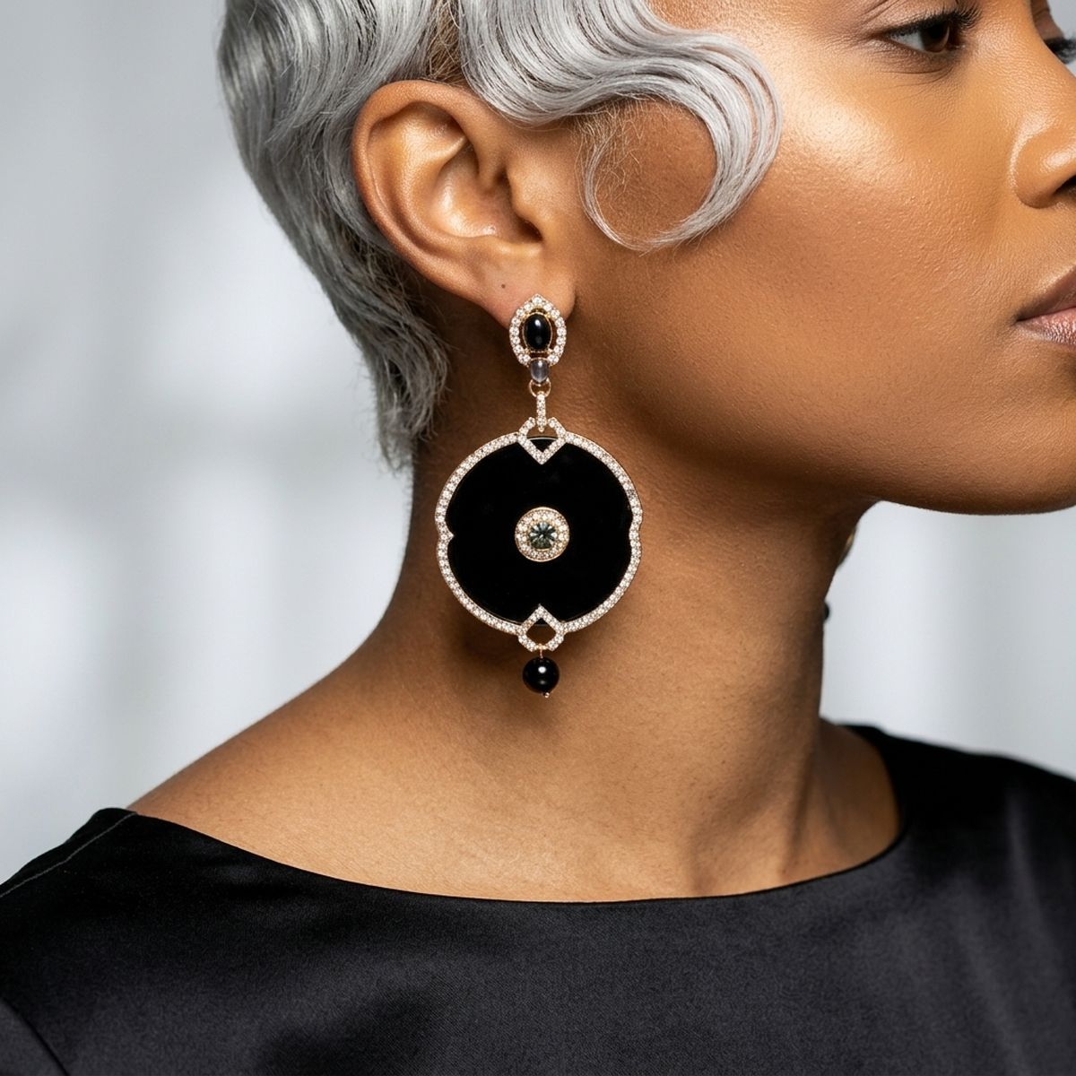 Black and Gold Crystal Medallion Drop Earrings