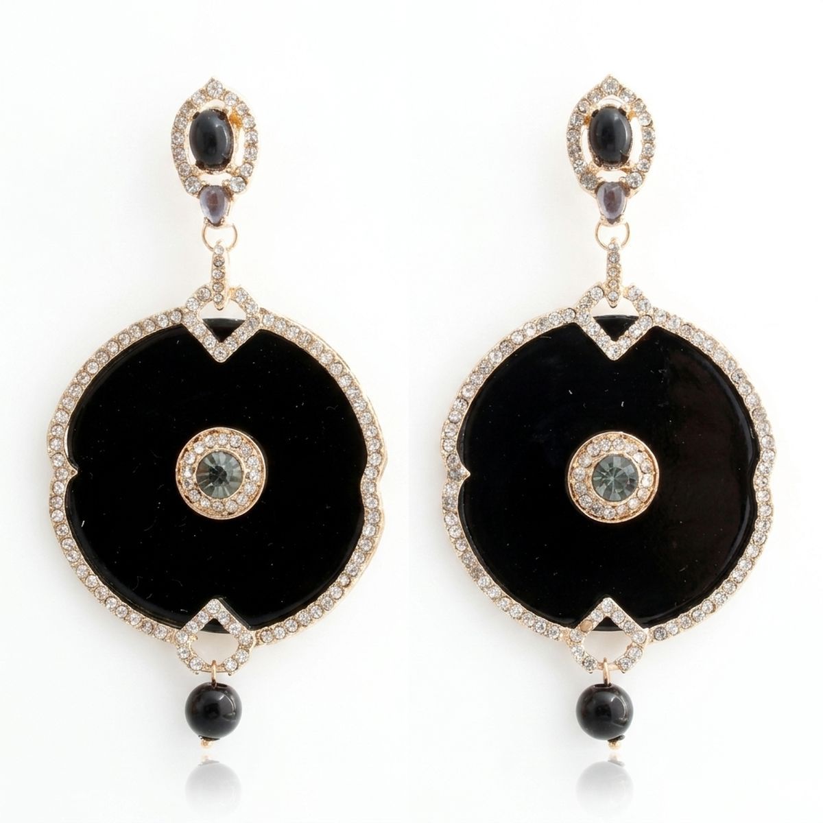 Black and Gold Crystal Medallion Drop Earrings