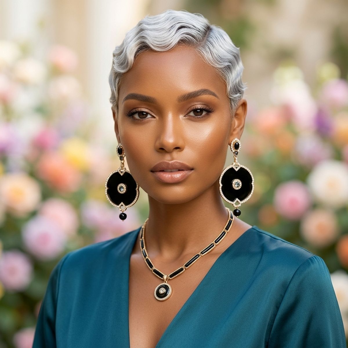 Black and Gold Crystal Medallion Drop Earrings