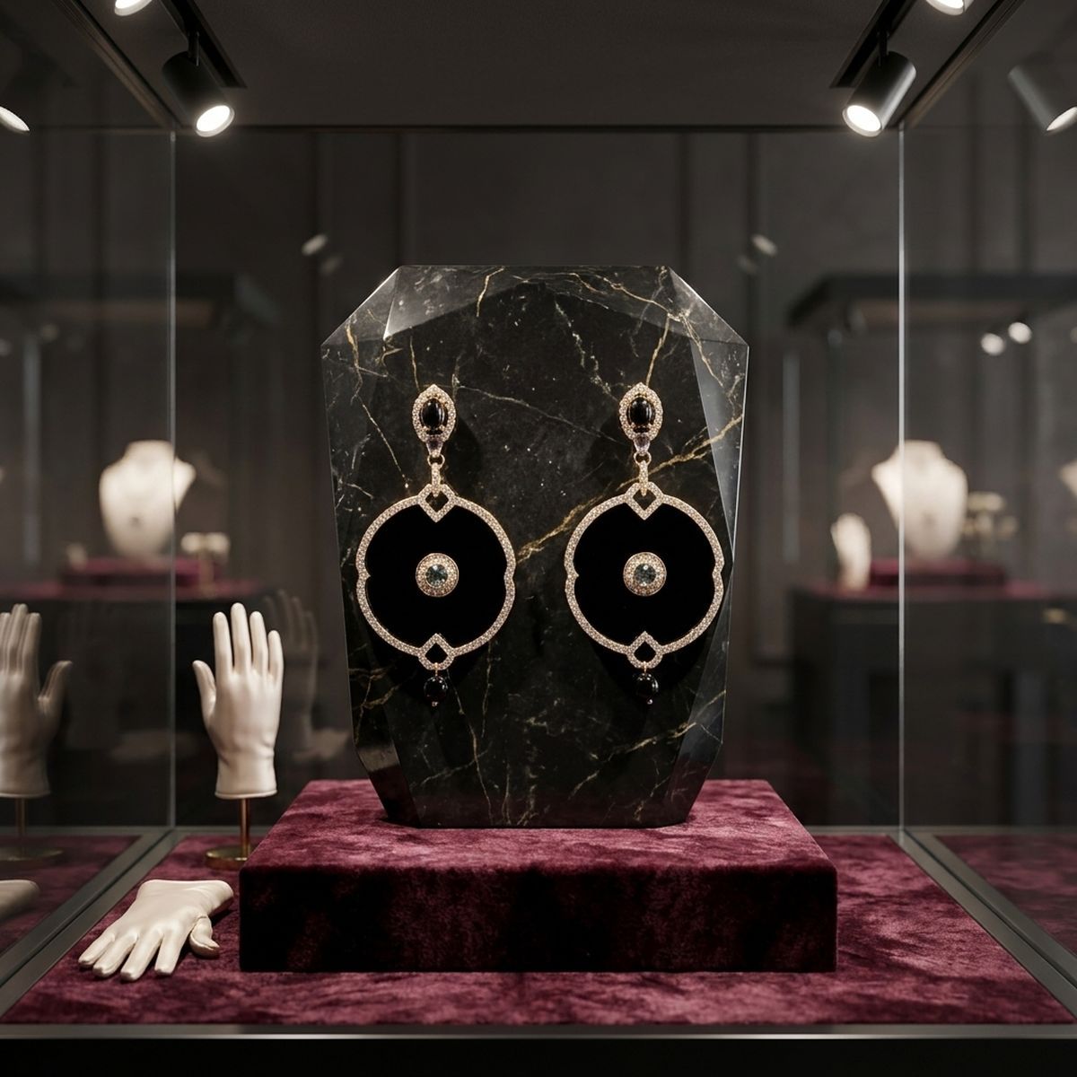Black and Gold Crystal Medallion Drop Earrings