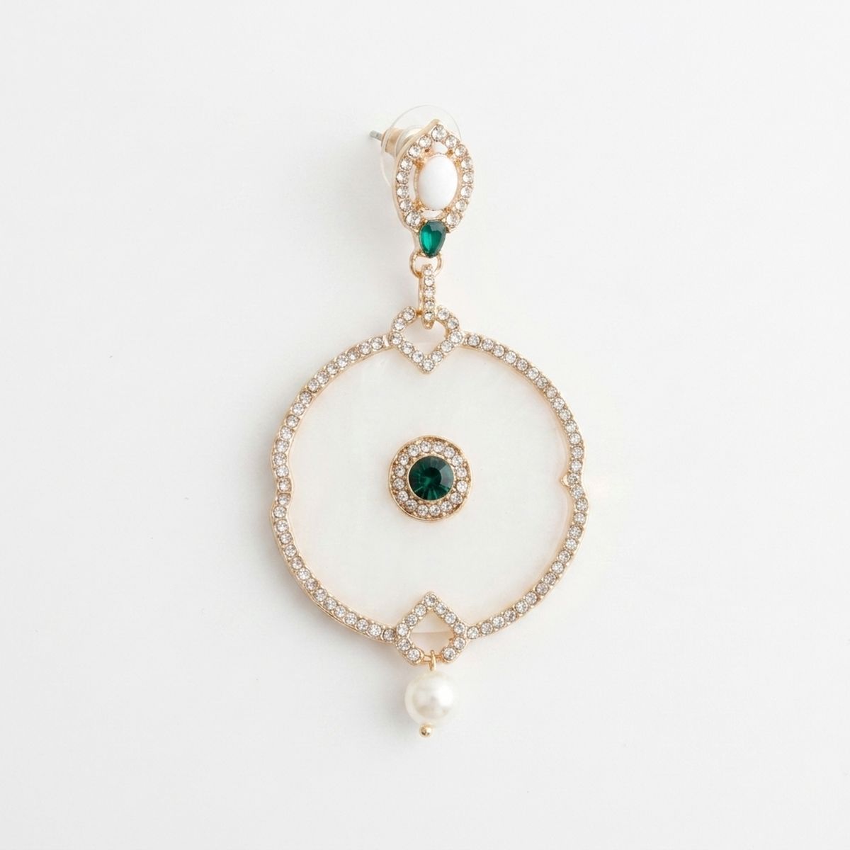White Opal Finish Emerald Crystal Drop Earrings