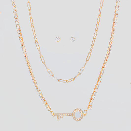 Gold 2 Layer Key Necklace Set