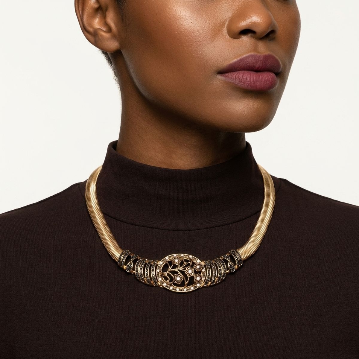 Antique Gold Black Floral Herringbone Necklace