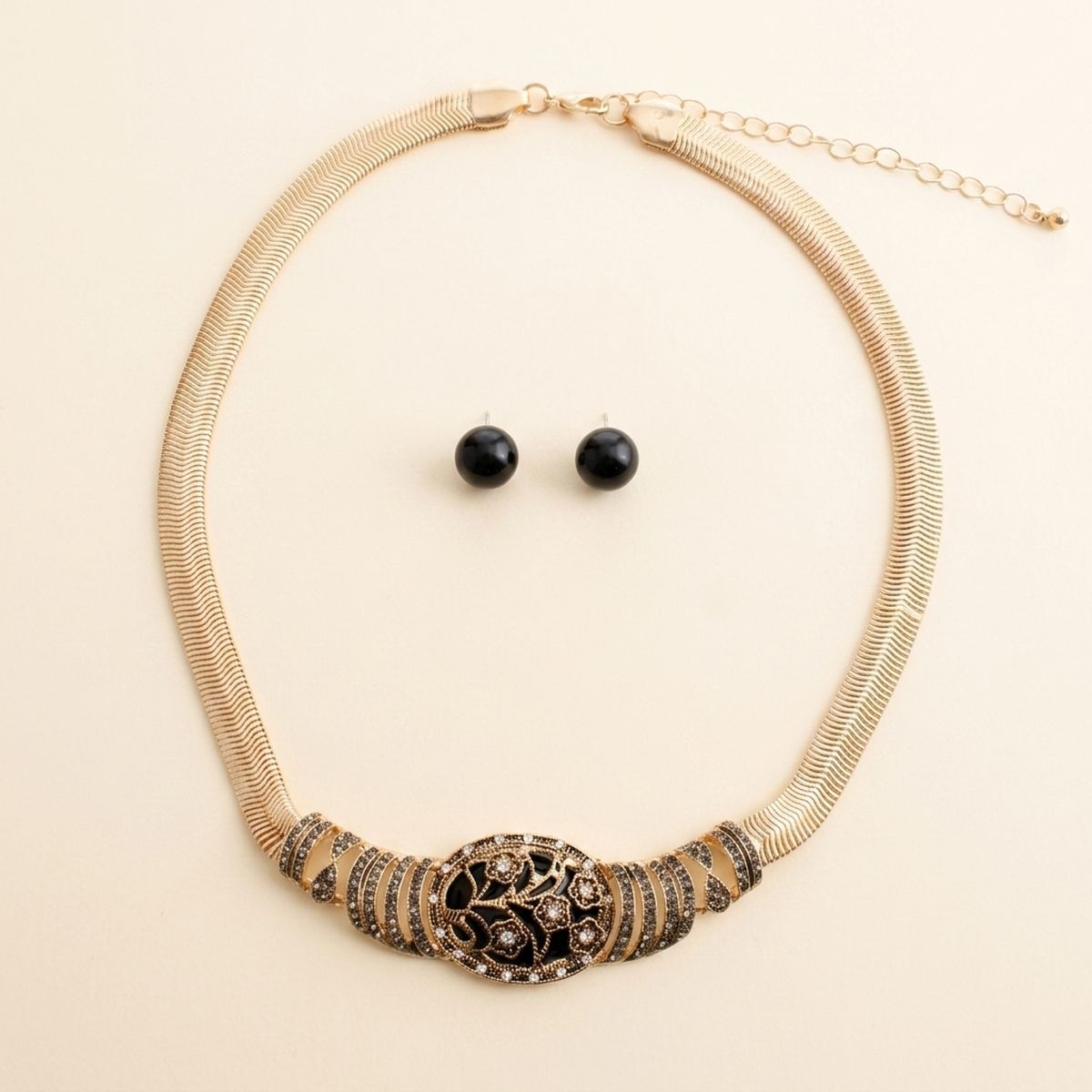 Antique Gold Black Floral Herringbone Necklace