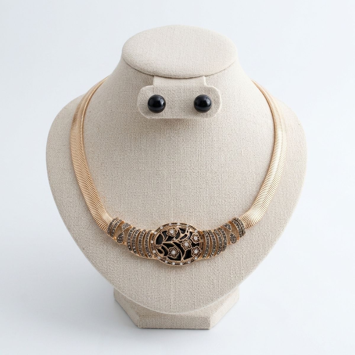 Antique Gold Black Floral Herringbone Necklace