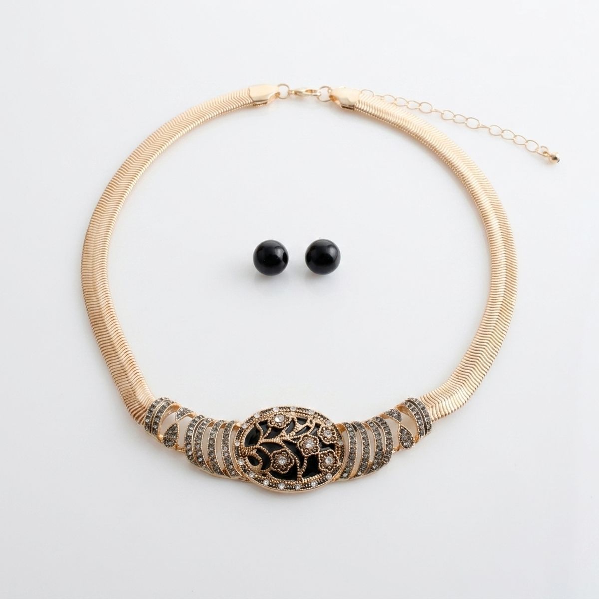 Antique Gold Black Floral Herringbone Necklace