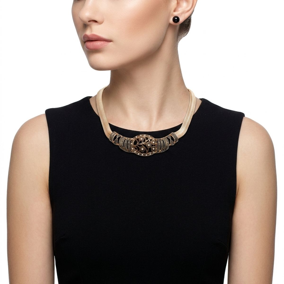 Antique Gold Black Floral Herringbone Necklace