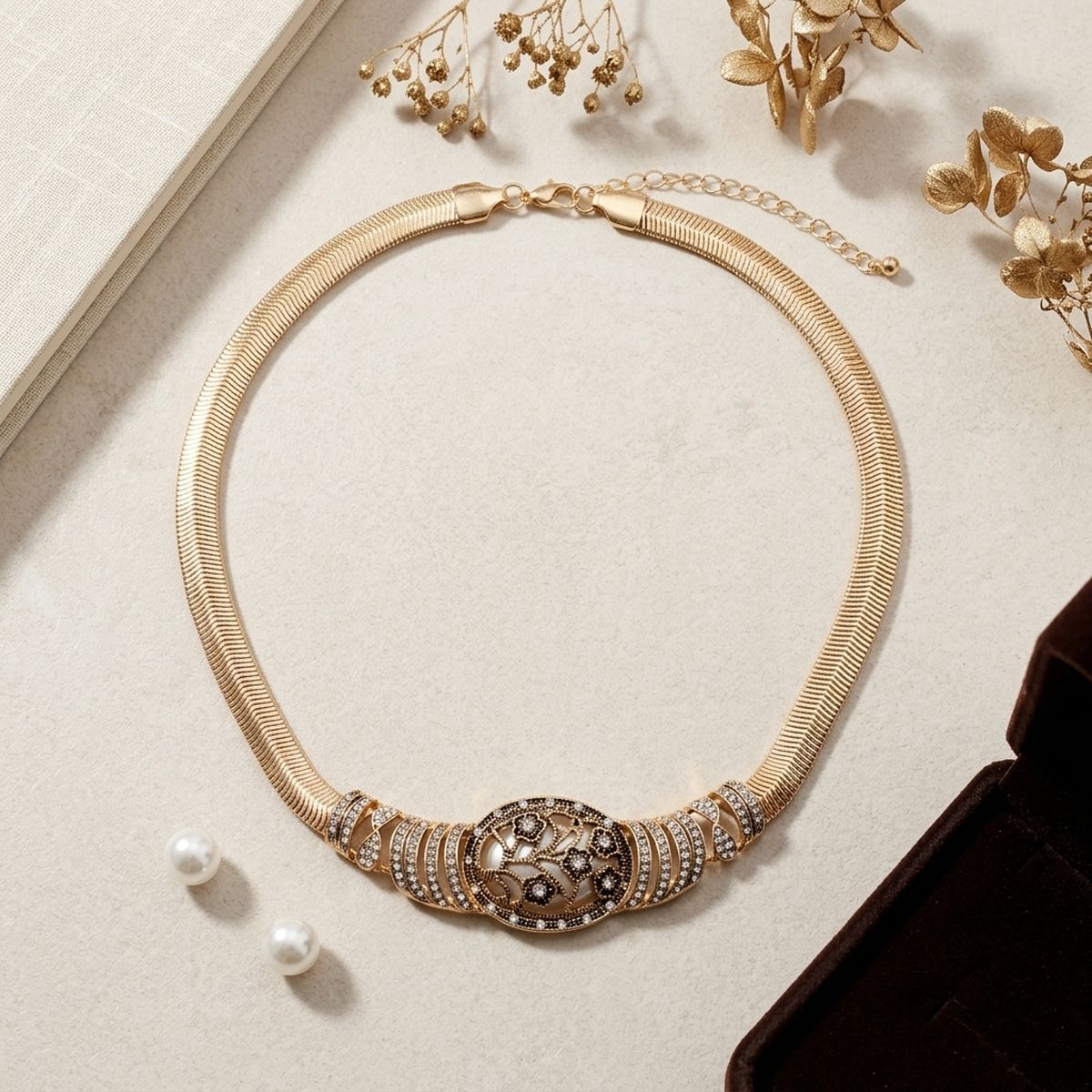 Antique Gold Pearl Floral Herringbone Necklace