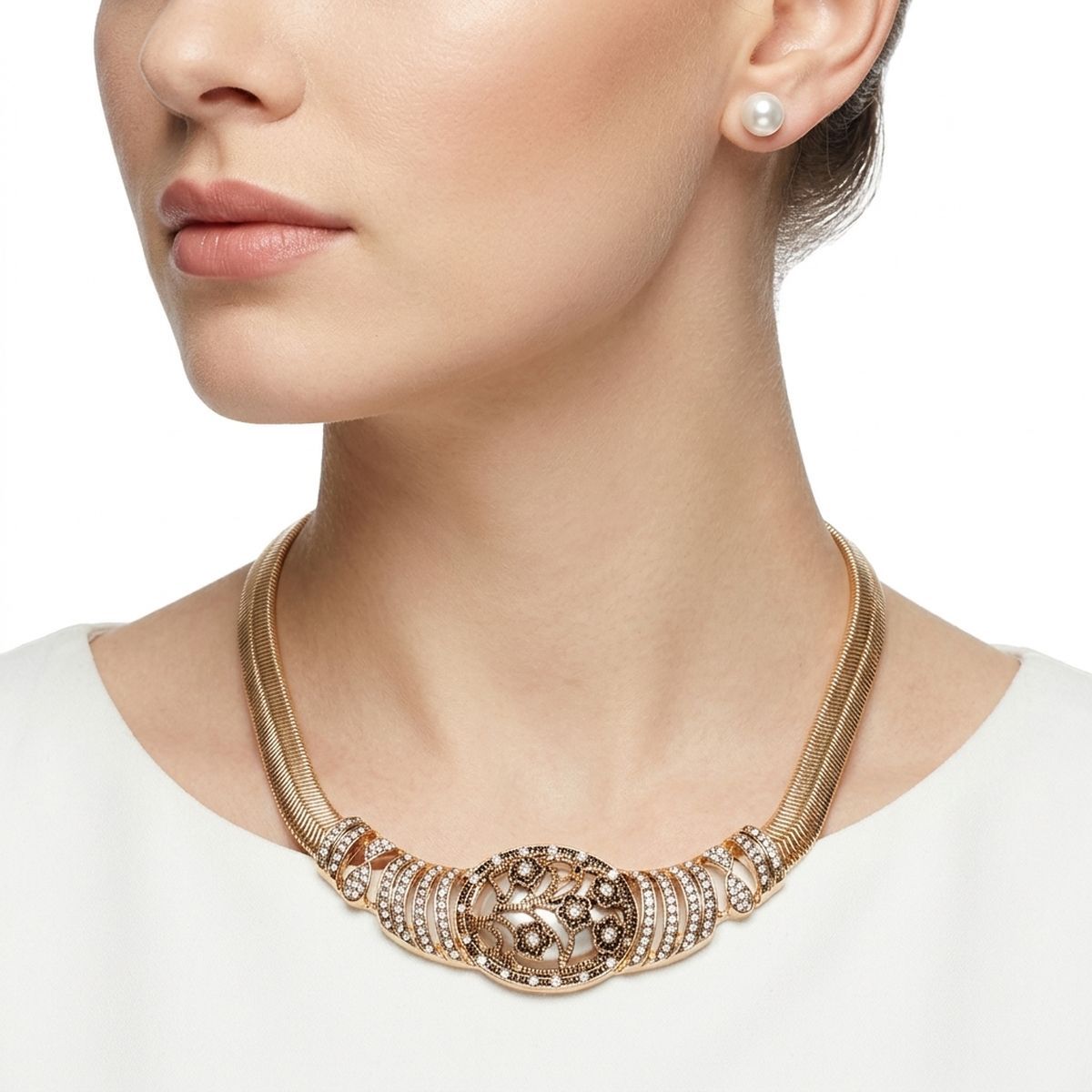 Antique Gold Pearl Floral Herringbone Necklace